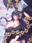  1girl absurdres animal_ear_fluff animal_ears azur_lane bare_shoulders beads black_hair breasts breasts_out facial_mark fox_ears fox_girl fur-trimmed_kimono fur_trim highres huge_breasts japanese_clothes jewelry kimono kitsune long_hair looking_at_viewer low_neckline magatama magatama_necklace misheng_liu_yin musashi_(azur_lane) nail_polish necklace nipples prayer_beads purple_nails solo very_long_hair whisker_markings 
