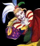  1boy black_background blonde_hair blue_eyes clown eyeliner final_fantasy final_fantasy_vi fingerless_gloves fingernails gloves hair_bobbles hair_ornament head_on_hand jester_costume kefka_palazzo krudears long_fingernails long_sleeves looking_at_viewer makeup male_focus multicolored_clothes nail_polish pale_skin parted_lips pointy_ears puffy_long_sleeves puffy_sleeves purple_lips red_eyeliner red_nails smile solo upper_body yellow_gloves 