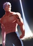  1boy abs andy_(undead_unluck) bara clenched_hand cowboy_shot grey_hair highres large_pectorals looking_to_the_side male_focus muscular muscular_male no_eyebrows no_nipples pants pectorals scar short_hair solo t_56252280 topless_male tsurime undead_unluck 