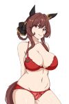  1girl animal_ears arms_behind_back black_ribbon bra braided_hair_rings breasts brown_hair cleavage commentary cowboy_shot ear_covers gentildonna_(umamusume) groin hair_ribbon horse_ears horse_tail large_breasts long_hair looking_at_viewer navel neo_gyzar panties red_bra red_eyes red_panties ribbon sidelocks solo tail umamusume underwear underwear_only 
