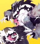  3_toes 5_fingers ambiguous_gender anthro black_body black_fur black_nose bodily_fluids claws crrispy_shark duo feral fingers fur galarian_zigzagoon hi_res male markings muscular muscular_male nintendo obstagoon open_mouth pink_sclera pok&eacute;mon pok&eacute;mon_(species) regional_form_(pok&eacute;mon) saliva sharp_teeth simple_background teeth toe_claws toes tongue tongue_out video_games white_body white_fur yellow_background 