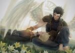  2boys absurdres angel_wings arch armor barefoot belt black_hair blonde_hair blue_eyes brown_belt brown_gloves closed_eyes cloud_strife crossed_legs dutch_angle easter_lily feathered_wings final_fantasy final_fantasy_vii final_fantasy_vii_advent_children flower flower_bed furrowed_brow gloves hair_slicked_back hand_on_another&#039;s_chest hashtag-only_commentary highres knee_up lap_pillow light_smile long_hair long_sleeves looking_at_another looking_down male_focus messa_mo multiple_belts multiple_boys parted_lips pauldrons shoulder_armor sitting spiked_hair suspenders waist_cape white_flower white_wings wings yellow_flower zack_fair 