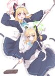 2girls :d absurdres animal_ear_headphones animal_ears apron arm_up black_dress blonde_hair blue_archive blue_ribbon blush bow closed_mouth collared_dress commentary_request densaneraa dress fake_animal_ears frilled_apron frilled_dress frills green_eyes hair_between_eyes hair_bow halo headphones highres holding long_sleeves maid maid_apron maid_headdress midori_(blue_archive) midori_(maid)_(blue_archive) momoi_(blue_archive) momoi_(maid)_(blue_archive) multiple_girls neck_ribbon pink_bow pleated_dress puffy_long_sleeves puffy_sleeves purple_eyes ribbon siblings simple_background sisters smile tail twins twintails v-shaped_eyebrows white_apron white_background 