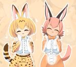  2girls animal_ear_fluff animal_ears belt blonde_hair blush bow bowtie breasts caracal_(kemono_friends) cat_ears cat_tail center_frills closed_eyes commentary_request cowboy_shot elbow_gloves frills gloves heart kemono_friends large_breasts lets0020 medium_bangs multiple_girls open_mouth orange_bow orange_bowtie orange_gloves orange_skirt print_bow print_bowtie serval_(kemono_friends) shirt short_hair skirt sleeveless smile tail white_belt white_shirt yellow_gloves yellow_skirt zoom_layer 