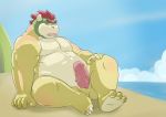  2020 anthro beach belly bowser erection genitals hi_res humanoid_hands koopa male mario_bros nintendo outside overweight overweight_male penis ragnadope scalie seaside sitting solo video_games water 