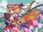  1girl ascot bat_wings blonde_hair crystal flandre_scarlet hat hat_ribbon highres mob_cap multicolored_wings one_side_up puffy_short_sleeves puffy_sleeves red_eyes red_skirt red_vest ribbon short_sleeves side_ponytail skirt skirt_set solo touhou vest white_hat wings yellow_ascot yulinlinsansan 