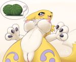  ? anthro black_sclera blue_eyes blush breasts canid canine claws digimon digimon_(species) female food fruit fur gatomonlover genitals low-angle_view mammal melon multicolored_body multicolored_fur nipples nude open_mouth open_smile plant pussy renamon ruff simple_background smile solo speech_bubble standing two_tone_body two_tone_fur white_body white_fur yellow_body yellow_fur 