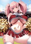  1girl atlanta_(kancolle) blush breasts brown_hair cheering cheerleader cowboy_shot day earrings grey_eyes groin highres holding holding_pom_poms jewelry kantai_collection kyogoku_shin large_breasts long_hair looking_at_viewer navel open_mouth outdoors panties pom_pom_(cheerleading) red_skirt single_earring skirt solo star_(symbol) star_earrings thighhighs two_side_up underboob underwear white_panties white_thighhighs 