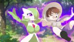  1boy 1girl age_difference armpits arms_up aura black_footwear blurry blurry_background blush bob_cut breasts brown_hair closed_mouth collarbone collared_shirt colored_skin commentary_request constricted_pupils cowboy_shot day english_commentary floating florian_(pokemon) forest gardevoir glowing glowing_eyes grapeanime green_hair green_skin grey_hat grey_shirt hair_over_one_eye happy hat highres large_breasts looking_at_another mixed-language_commentary multicolored_skin nature necktie one_eye_covered open_mouth outdoors outstretched_arms partial_commentary pokemon pokemon_(creature) pokemon_sv purple_eyes purple_necktie purple_outline purple_shorts school_uniform shirt shoes short_hair short_sleeves shorts smile spread_arms standing teeth telekinesis tree two-tone_skin wavy_mouth white_skin wide-eyed yellow_eyes 