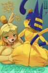  animal_crossing ankha_(animal_crossing) anthro bangs big_breasts big_butt blue_hair bodily_fluids bottom_heavy breasts butt canid canine canis collar dialogue domestic_cat domestic_dog duo felid feline felis female female/female flat_chested green_eyes hair huge_breasts huge_butt isabelle_(animal_crossing) looking_at_viewer magsama mammal nintendo presenting presenting_hindquarters presenting_partner seductive shih_tzu sitting sweat sweaty_butt text toy_dog uraeus wide_hips 