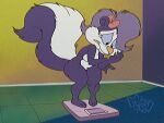  2024 accessory anthro blue_sclera bow_ribbon breasts butt claws female fifi_la_fume fur hair_accessory hair_bow hair_ribbon looking_down mammal mephitid mex0n3 nails pink_nose purple_body purple_fur ribbons signature skunk solo teeth thick_thighs tiny_toon_adventures warner_brothers weight_machine 
