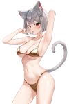  1girl absurdres animal_ear_fluff animal_ears arm_behind_head bikini bob_cut breasts cat_ears cat_tail cleavage contrapposto cowboy_shot gold_bikini grey_hair hair_ornament hairclip highres looking_at_viewer medium_breasts navel neneko_mashiro red_eyes short_hair sibo simple_background solo stellive swimsuit tail tongue tongue_out virtual_youtuber white_background 