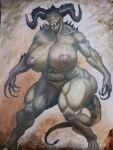  acrylic_painting_(artwork) anthro areola big_breasts breasts claws deathclaw dixxbedru fallout female hi_res horn huge_breasts microsoft monster muscular muscular_anthro muscular_female nipples scalie sharp_teeth solo teeth thick_thighs traditional_media_(artwork) wide_hips 