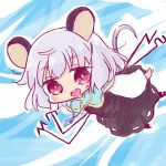  1girl :d animal_ears black_dress blue_capelet blush_stickers capelet chibi commentary_request dowsing_rod dress full_body grey_hair kasuga_yuuki long_sleeves mouse_ears mouse_girl mouse_tail nazrin red_eyes round_teeth shirt sleeveless sleeveless_dress smile solo tail teeth touhou upper_teeth_only white_shirt wide_sleeves 