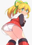  1girl ass black_shirt blonde_hair boots closed_mouth commentary_request dress green_eyes green_ribbon grey_background hair_ribbon hekomii highres knee_boots long_hair long_sleeves looking_at_viewer looking_back mega_man_(series) panties ponytail red_dress red_footwear ribbon roll_(mega_man) shirt simple_background sleeveless sleeveless_dress smile solo underwear white_panties 