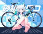  1girl animal_ear_fluff animal_ears aqua_scarf bare_legs barefoot bicycle bike_jersey bike_shorts blue_archive blue_halo blue_scarf cycling_uniform extra_ears feet halo highres legs looking_at_viewer official_alternate_costume road_bicycle scarf shiroko_(blue_archive) soles sportswear white_hair wolf_ears yanyanzi 