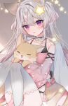  1girl :p animal animal_ear_fluff animal_ears animal_hug annytf bare_shoulders closed_mouth collarbone commentary detached_sleeves dress grey_background grey_hair grey_thighhighs hair_between_eyes hair_intakes hair_ornament highres indie_virtual_youtuber knees_together_feet_apart knees_up long_hair long_sleeves looking_at_viewer mafuyu_(chibi21) multicolored_hair pelvic_curtain pink_dress pink_hair pink_sleeves purple_eyes see-through see-through_sleeves signature sitting smile solo star_(symbol) star_hair_ornament streaked_hair tail thighhighs tongue tongue_out two_side_up very_long_hair virtual_youtuber wide_sleeves 