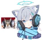  0ver_sd 1girl :t animal_ear_fluff animal_ears blue_archive blue_eyes blue_halo blue_scarf cat cheek_squash cropped_shoulders cross cross_hair_ornament grey_hair hair_ornament halo headphones highres inverted_cross looking_at_viewer medium_hair mismatched_pupils photo-referenced reference_inset scarf shiroko_(blue_archive) simple_background white_background wolf_ears 