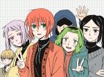  3boys 3girls :d absurdres black_eyes black_sweater blonde_hair bolo_tie closed_mouth crossed_arms delfuze green_eyes green_hair green_jacket hatori_chise headphones highres hood hood_down hood_up hooded_jacket isaac_fowler jacket looking_at_viewer lucy_webster mahou_tsukai_no_yome multiple_boys multiple_girls notice_lines open_clothes open_jacket orange_hair orange_jacket philomela_sargant ponytail purple_eyes purple_hair rian_scrimgeour smile sweater v waving yellow_jacket zoe_ivey 