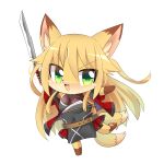  1girl animal_ears barefoot belt black_tabard blonde_hair breasts brown_belt character_request chibi colored_skin commentary_request covered_navel fox_ears fox_girl fox_tail full_body furry furry_female green_eyes hair_between_eyes highres holding holding_sword holding_weapon hop_step_jumpers jacket leotard leotard_under_clothes lets0020 long_hair looking_at_viewer medium_bangs medium_breasts multiple_tails open_clothes open_jacket open_mouth red_jacket red_skirt short_sleeves simple_background skirt smile solo standing standing_on_one_leg sword tabard tail transparent_background two_tails v-shaped_eyebrows weapon yellow_skin 