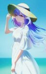  1girl absurdres alternate_costume blue_sky closed_mouth dress euzh266 from_side hand_on_headwear hand_up hat head_wings highres honkai:_star_rail honkai_(series) horizon jewel_under_eye light_particles long_hair looking_at_viewer ocean purple_eyes purple_hair robin_(honkai:_star_rail) sky solo straw_hat upper_body white_dress wings 