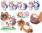  2020 animal_crossing anthro apron baby ball_of_yarn black_eyes blue_body blue_eyes blue_fur bodily_fluids brown_body brown_fur canid canine child clothing curled_up eulipotyphlan eyes_closed female fur group half-closed_eyes hedgehog holding_character japanese_text knitting larger_male lying mabel_able male mammal narrowed_eyes nintendo on_back raccoon_dog sable_able shirt simple_background size_difference sleeping sound_effects standing sweat tanuki text tom_nook_(animal_crossing) topwear under10mato video_games white_background yarn young zzz 