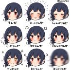  1girl :i afterimage bangs blue_hair blush chibi closed_eyes closed_mouth expressions flower hair_flower hair_ornament head idolmaster idolmaster_shiny_colors morino_rinze multiple_views open_mouth red_eyes short_hair simple_background smile torinabe white_background 