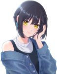  1girl arm_at_side bangs black_hair black_shirt blunt_bangs blush bob_cut casual closed_mouth denim denim_jacket earrings hand_on_head highres idolmaster idolmaster_cinderella_girls jewelry lips long_sleeves looking_at_viewer monotiina off-shoulder_jacket off_shoulder shirt short_hair simple_background sleeveless sleeveless_shirt smile solo takafuji_kako turtleneck upper_body white_background yellow_eyes 