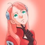  1girl ahoge aida_rayhunton aobito_sukoyaka_bystander black_gloves clothing_cutout gloves gradient_background green_eyes gundam gundam_g_no_reconguista hair_ornament highres index_finger_raised long_hair looking_up pink_background pink_hair red_shirt shirt solo upper_body 