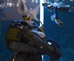  2024 absurd_res anthro armor big_breasts bone breasts cleavage clothed clothed_anthro clothed_female clothing drone_(vehicle) female freckled_face freckles gloves gun handwear helldivers hi_res holding_gun holding_object holding_ranged_weapon holding_rifle holding_weapon hovering machine mammal murid murine officer_flint_(foretbwat) orange_eyes outside ranged_weapon rat rifle rodent skull skull_head solo voltharbor warfare_machine weapon 