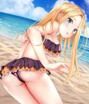  1girl abigail_williams_(fate/grand_order) ai_(4522167) ass back bangs bare_shoulders beach bikini black_bikini blonde_hair blue_eyes blue_sky blush breasts emerald_float fate/grand_order fate_(series) forehead frilled_bikini frills long_hair looking_at_viewer looking_back ocean open_mouth parted_bangs sky small_breasts swimsuit thighs 