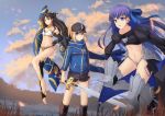  3girls ahoge anklet armlet armored_boots artoria_pendragon_(all) asymmetrical_legwear asymmetrical_sleeves bangs baseball_cap bikini black_hair black_headwear black_shorts blonde_hair blue_eyes blue_jacket blue_ribbon blue_scarf boots bridal_gauntlets cross_(crossryou) crotch_plate crown detached_collar earrings elbow_gloves excalibur fate/extra fate/extra_ccc fate/grand_order fate_(series) gloves greaves green_eyes hair_through_headwear hat heavenly_boat_maanna highres holding holding_sword holding_weapon hoop_earrings ishtar_(fate)_(all) ishtar_(fate/grand_order) jacket jewelry meltryllis mismatched_bikini multiple_girls mysterious_heroine_x navel neck_ring open_track_jacket parted_bangs prosthesis prosthetic_leg purple_hair red_eyes revealing_clothes ribbon scarf shorts single_elbow_glove single_sleeve single_thighhigh sleeves_past_fingers sleeves_past_wrists swimsuit sword thighhighs tiara toeless_legwear track_jacket weapon 