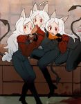  3girls ahoge animal_ear_fluff animal_ears black_pants blood brick_wall cerberus_(helltaker) collared_shirt demon_girl demon_tail dog_ears fang fang_out food food_in_mouth formal helltaker highres hizume_(hizumium) long_hair long_sleeves looking_at_viewer multiple_girls pants red_eyes red_shirt shirt siblings sisters table tail triplets white_hair 