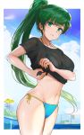  1girl absurdres bangs bikini bikini_bottom blue_sky blush breasts cloud cloudy_sky collarbone commentary_request earrings fire_emblem fire_emblem:_the_blazing_blade green_eyes green_hair highres jewelry lips long_hair looking_at_viewer lyn_(fire_emblem) medium_breasts navel ormille ponytail shiny shiny_hair shiny_skin side-tie_bikini sky solo stomach swimsuit thighs tied_hair 