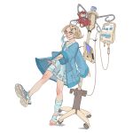  1girl absurdres bandaged_foot bandaged_leg bandages barefoot blonde_hair blue_dress blue_footwear blue_jacket blush closed_eyes closed_mouth collarbone dress dutch_angle flat_chest flipped_hair full_body grin hair_ornament hairclip highres intravenous_drip iv_stand jacket knees lucas_dalfovo mask mask_around_one_ear mismatched_eyebrows mouth_mask nose open_hand original outstretched_arms pill_hair_ornament pocket shoe_soles shoes short_hair simple_background single_shoe sleeves_past_elbows smile sneakers solo stuffed_animal stuffed_toy surgical_mask teddy_bear toenails toes walking white_background white_dress wide_sleeves 