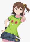  1girl black_skirt blush brown_eyes brown_hair chupacabra_(idolmaster) closed_mouth cowboy_shot green_shirt grey_background hair_ornament hand_on_hip highres idolmaster idolmaster_million_live! kasuga_mirai looking_at_viewer miniskirt one_side_up pleated_skirt pointing pointing_at_viewer print_shirt rauto shirt short_hair simple_background skirt smile solo star star_hair_ornament wristband 