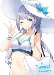  1girl bag bare_arms bare_shoulders bikini blue_eyes bow breasts cleavage closed_mouth collarbone hair_bobbles hair_ornament hairclip hand_up hat hat_bow highres huion long_hair looking_at_viewer low_twintails medium_breasts navel one_eye_closed paper_bag silver_hair smile solo star741 stomach sun_hat swimsuit twintails upper_body w white_background white_bikini white_headwear wristband 