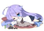  1girl ahoge animal bangs bare_shoulders black_legwear black_skirt blue_eyes blue_hair cat chibi commentary_request cushion eyebrows_visible_through_hair full_body fuyou-chan gradient_hair hair_between_eyes long_sleeves lying milkpanda multicolored_hair no_shoes off_shoulder on_stomach original purple_hair shirt skirt sleeves_past_fingers sleeves_past_wrists socks solo white_background white_shirt zabuton 