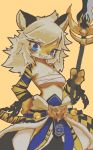  2019 4_fingers anthro breasts felid feline female fingers full_bokko_heroes_x hair kemono looking_at_viewer mammal rykanokk simple_background small_breasts solo standing teeth white_hair yellow_background 