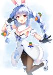  1girl :d absurdres animal_ear_fluff animal_ears bangs black_gloves black_leotard blue_hair blush bow braid breasts brown_legwear bunny_ears carrot_hair_ornament detached_sleeves dress eyebrows_visible_through_hair food_themed_hair_ornament fur-trimmed_dress fur-trimmed_gloves fur_trim gloves hair_between_eyes hair_bow hair_intakes hair_ornament hand_up highres hololive kaie leotard long_hair looking_at_viewer multicolored_hair open_mouth pantyhose puffy_short_sleeves puffy_sleeves red_eyes shoes short_eyebrows short_sleeves small_breasts smile solo standing standing_on_one_leg strapless strapless_dress strapless_leotard thick_eyebrows twin_braids twintails two-tone_hair upper_teeth usada_pekora v_over_eye very_long_hair virtual_youtuber white_bow white_dress white_footwear white_hair white_sleeves 