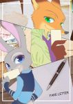  2017 anthro canid canine clothed clothing disney duo english_text fox fully_clothed fur green_eyes grey_body grey_fur holding_object izumi_h27 judy_hopps mammal necktie nick_wilde orange_body orange_fur purple_eyes red_fox shirt smile text topwear zootopia 