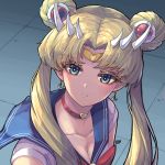  1girl absurdres bishoujo_senshi_sailor_moon blonde_hair blue_eyes blue_sailor_collar breasts choker cleavage commentary crescent crescent_earrings derivative_work diadem earrings english_commentary eyebrows_visible_through_hair heart heart_choker highres horns jewelry long_hair looking_at_viewer nell_p red_choker sailor_collar sailor_moon sailor_moon_redraw_challenge sailor_senshi_uniform screencap_redraw solo tsukino_usagi twintails upper_body 