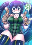  1girl :&gt; asui_tsuyu black_swimsuit blush boku_no_hero_academia breasts cleavage collarbone covered_navel frog_girl groin hair_rings hakkasame highres immersed large_breasts long_hair one-piece_swimsuit skindentation smile solo submerged swimsuit thighhighs twintails underwater very_long_hair water zettai_ryouiki 