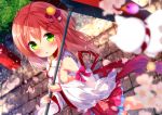  1girl bangs blurry blurry_background blurry_foreground blush bow breasts cherry_blossoms chinomaron commentary_request depth_of_field detached_sleeves eyebrows_visible_through_hair green_eyes hair_between_eyes hair_ornament hairclip holding holding_umbrella hololive long_hair looking_at_viewer nontraditional_miko oriental_umbrella outdoors pink_hair sakura_miko sideboob skirt solo umbrella virtual_youtuber x_hair_ornament 