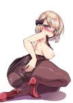  1girl absurdres ass azur_lane bangs blue_eyes blush breasts brown_legwear commentary_request foot_out_of_frame glasses hair_ribbon hand_on_ass harigane_shinshi high_heels highres large_breasts light_brown_hair nipples panties panties_under_pantyhose pantyhose pencil_skirt ribbon short_hair simple_background skirt solo thighband_pantyhose underwear white_background z23_(azur_lane) z23_(teacher_of_philosophy)_(azur_lane) 