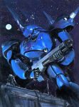  1other ambiguous_gender astronaut commentary finger_on_trigger full_moon gun gundam gundam_0080 highres holding holding_gun holding_weapon horns kampfer_(mobile_suit) legs_apart mecha mecha_focus mobile_suit moon one-eyed red_eyes robot science_fiction shotgun shoulder_spikes single_horn space spikes star_(sky) weapon youkoumori zeon 