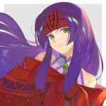  1girl fire_emblem fire_emblem:_radiant_dawn grey_background headband kyufe long_hair parted_lips purple_hair red_headband sanaki_kirsch_altina simple_background solo upper_body yellow_eyes 