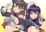  2girls :d azur_lane back-to-back bangs beret black_capelet blue_eyes blue_headwear blue_skirt blush breasts brown_hair buttons capelet chestnut_mouth collared_shirt commentary_request crop_top crossed_bangs eyebrows_visible_through_hair fang gloves grey_shirt hair_between_eyes hair_ribbon hairband hand_up hat heterochromia highleg highleg_panties highres iron_cross long_hair long_sleeves looking_at_viewer medium_breasts medium_hair midriff mimiko_(fuji_310) multiple_girls navel one_side_up open_mouth panties pink_hairband pink_ribbon purple_eyes purple_hair red_eyes ribbon shirt shoulder_cutout sideboob sidelocks simple_background skirt smile standing strapless tubetop underboob underwear upper_body upper_teeth v white_background white_gloves white_headwear white_panties wrist_cuffs yellow_background z35_(azur_lane) z36_(azur_lane) 