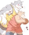 anthro ball barazoku basketball_(ball) belly blush bottomwear brown_body brown_fur canid canine canis clothing duo fur humanoid_hands male mammal meg_hoi shirt shorts simple_background slightly_chubby topwear ursid white_background wolf 