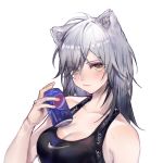  1girl alternate_hairstyle animal_ear_fluff animal_ears arknights bangs bare_arms bare_shoulders blush breasts can cat_ears cleavage commentary eyebrows_visible_through_hair hair_down hand_up highres holding holding_can kiji_(yuanruiy) long_hair looking_at_viewer nike pepsi schwarz_(arknights) silver_hair simple_background soda_can solo upper_body white_background yellow_eyes 